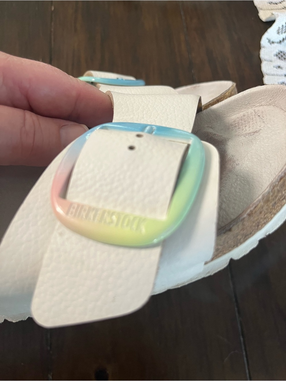 Birkenstock White Slide Sandals with Pastel Ombre Buckles 7-7.5 - Picture 9 of 10